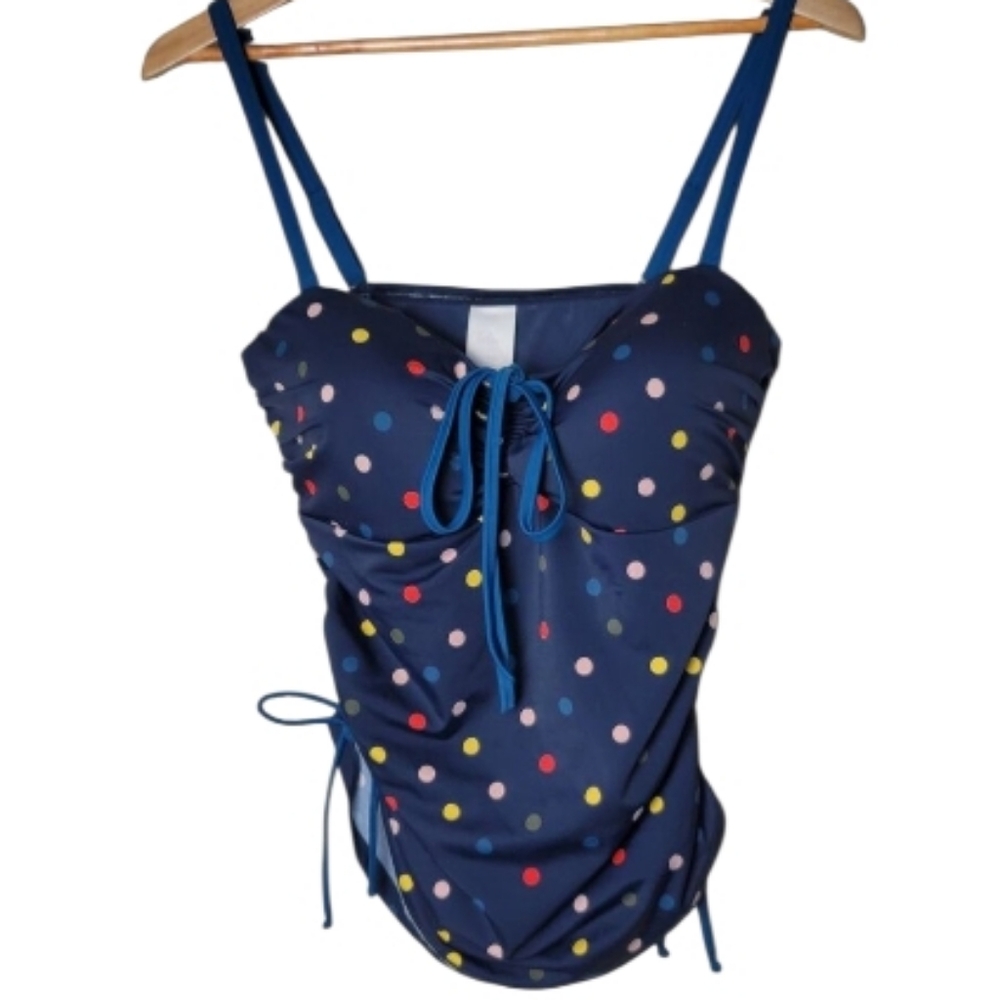 Boden Sardinia Swimwear Tankini Top Navy Blue Polka Dot Removable Straps Sz 14